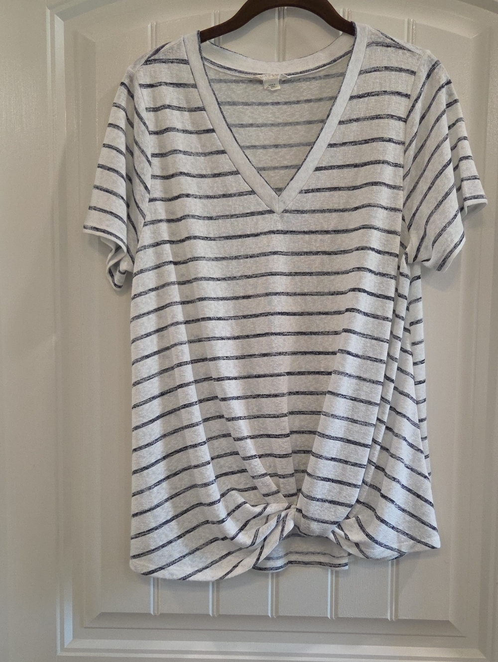 Caslon White and Black Stripe V-Neck Knot Front Tee